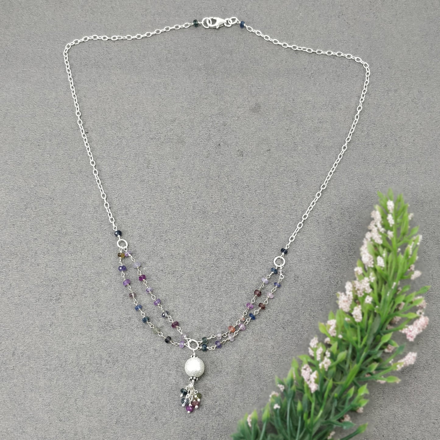 Multi Sapphire Gemstone Beads Chain NECKLACE : 37.75cts Natural Untreated With 925 Sterling Silver Necklace 3mm - 8mm 21"