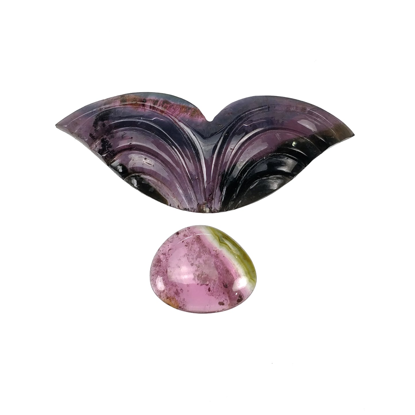 Watermelon TOURMALINE Gemstone Carving & Cabochon : 26.80cts Natural Untreated Bi-Color Tourmaline Hand Carved 14*11.5mm - 41*16mm 2pcs Set