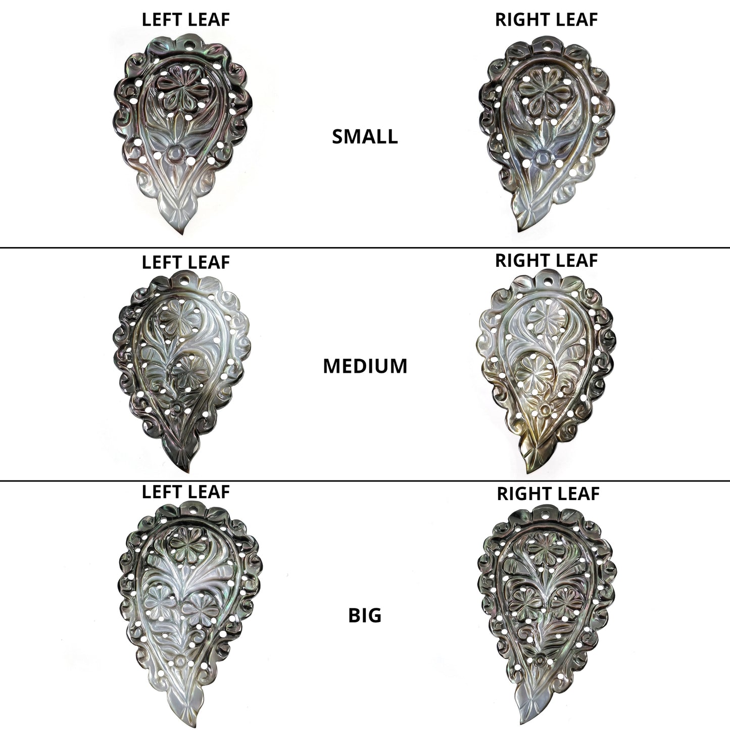 BLACK Mother Of Pearl Gemstone Carving : Natural Untreated MOP One Sided Hand Carved Indian Leaves In Small Medium Big Sizes