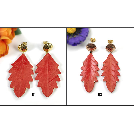 925 Sterling Silver Gold Plated Earring: Synthetic Hand Carved Red Maple Leaf Simulated Prong Set Dangle Push Back Earring