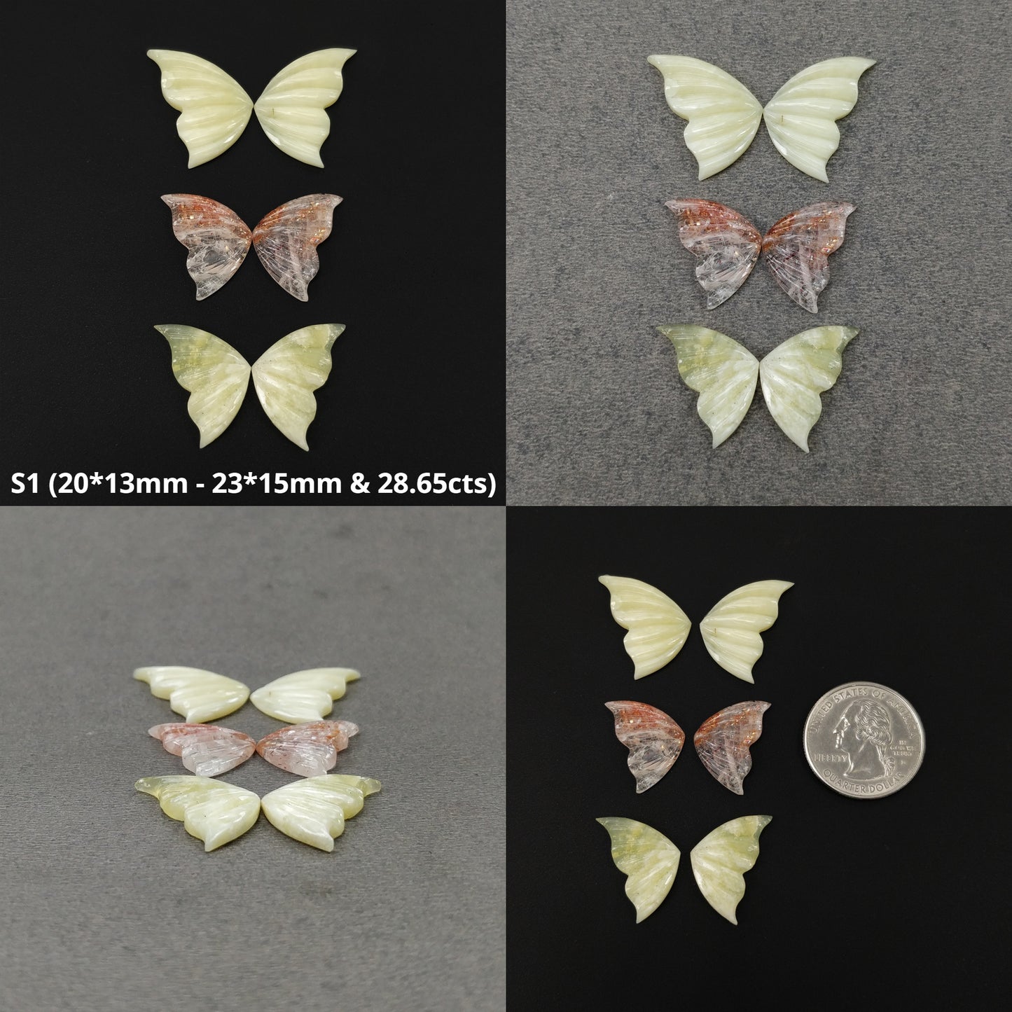 Opal & Sunstone Gemstone Carving : Natural Untreated Pink Opal And Orange Sunstone Hand Carved Butterfly 3 Pair Set