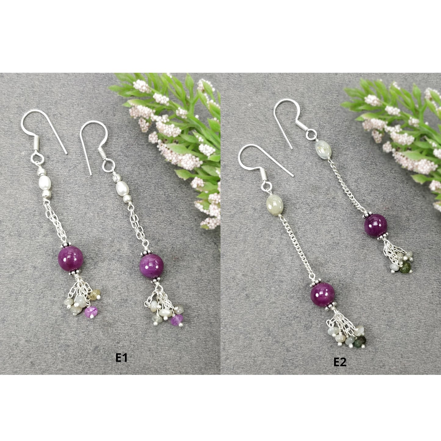 Ruby Chrysoberyl Cat's Eye Emerald & Pearl Gemstone Beaded Earring : Natural Untreated With 925 Sterling Silver Drop Dangle Hook Earrings