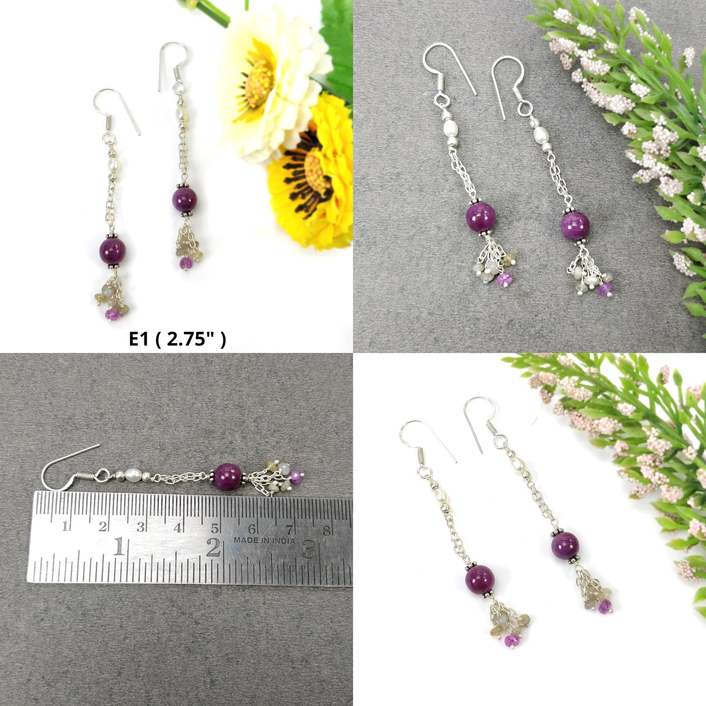 Ruby Chrysoberyl Cat's Eye Emerald & Pearl Gemstone Beaded Earring : Natural Untreated With 925 Sterling Silver Drop Dangle Hook Earrings