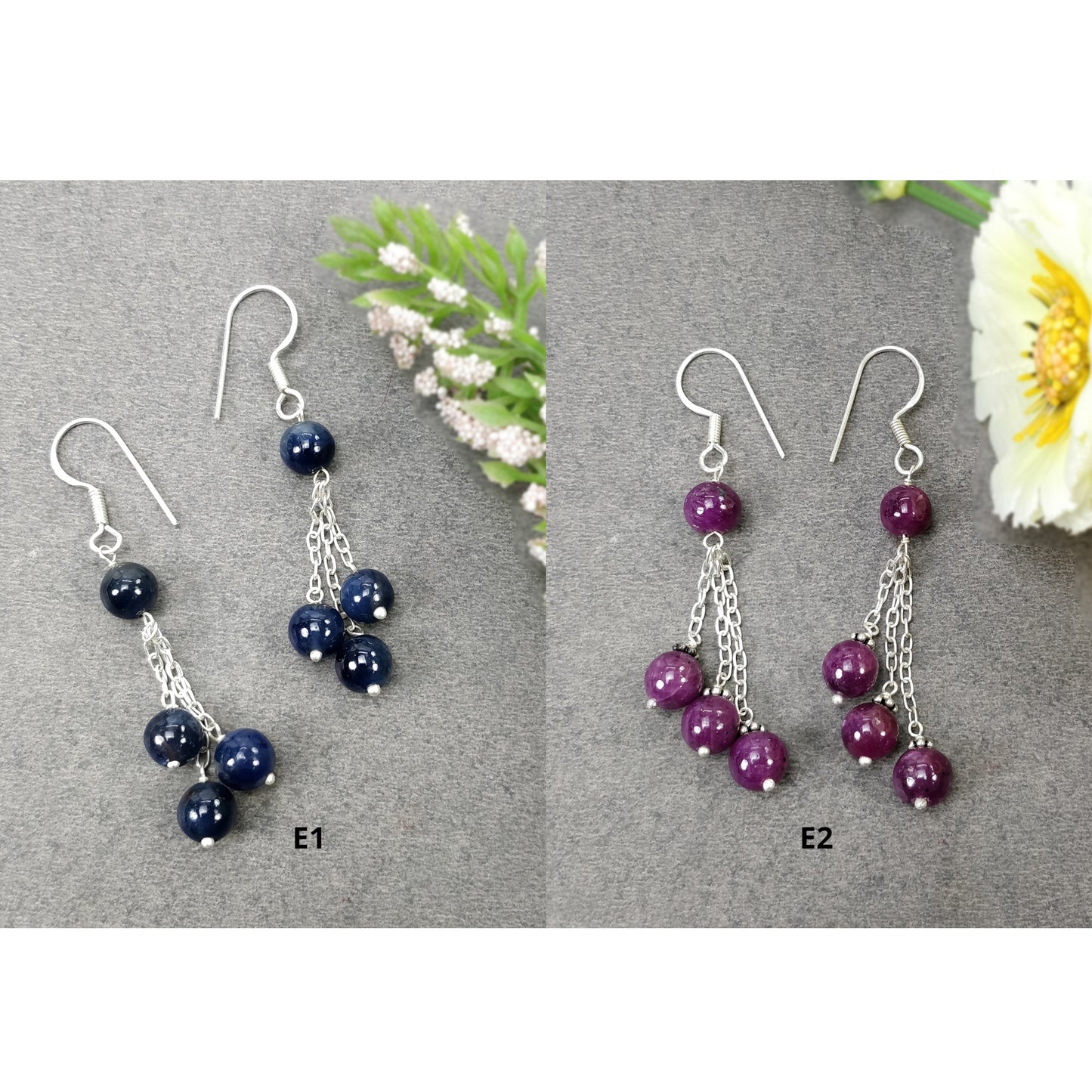 Ruby & Blue SAPPHIRE Gemstone 925 Sterling Silver Beaded Earrings : Natural Untreated Long Drop Dangle Ear Wire Hook Earrings