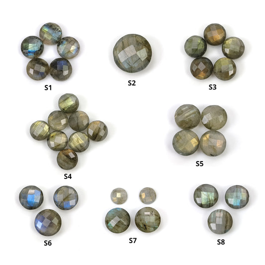 Labradorite Gemstone Checker Cut : Natural Untreated Rainbow Flashing Labradorite Round Shape Set For Jewelry