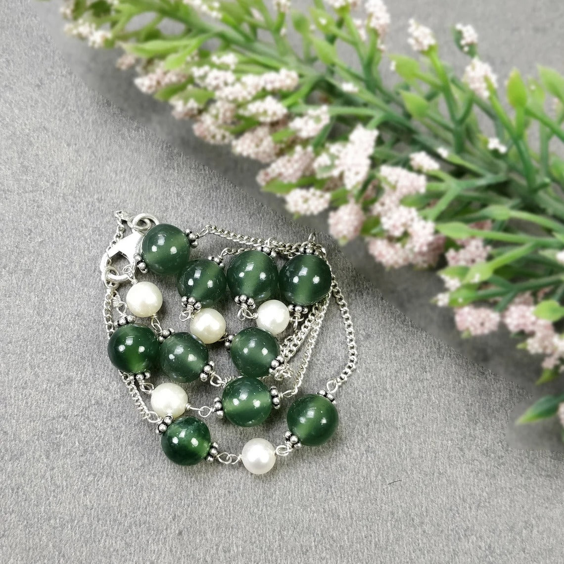 Green SERPENTINE & White PEARL Gemstones Beads Chain NECKLACE : 925 Sterling Silver Natural Round Cabochon 18" Statement Necklace