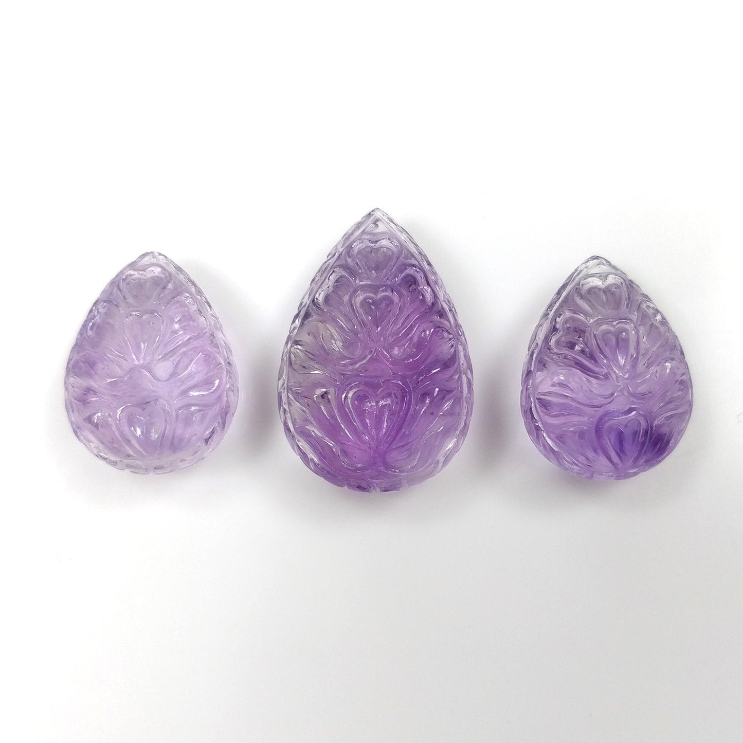 Purple AMETHYST Gemstone Carving : 51.55cts Natural Untreated Amethyst Hand Carved Pear Shape Briolette 19*14mm - 24*17mm 3pcs (With Video)