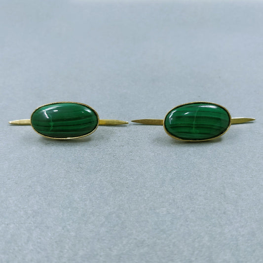 GREEN MALACHITE Gemstone PIN : 9.60gms Natural Untreated Malachite Gemstone Oval Cabochon Brass Gold Plated Lapel Pins 25*13.5mm*5(h) Pair