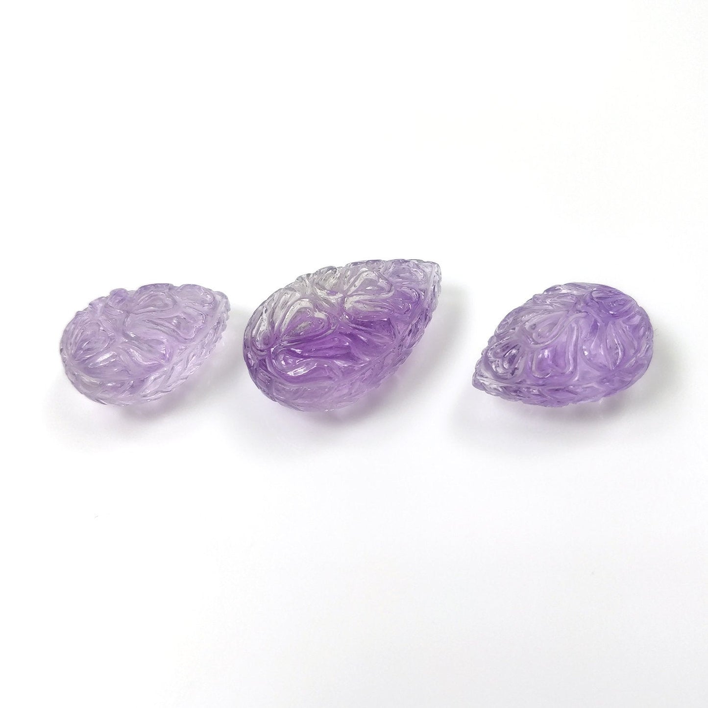 Purple AMETHYST Gemstone Carving : 51.55cts Natural Untreated Amethyst Hand Carved Pear Shape Briolette 19*14mm - 24*17mm 3pcs (With Video)