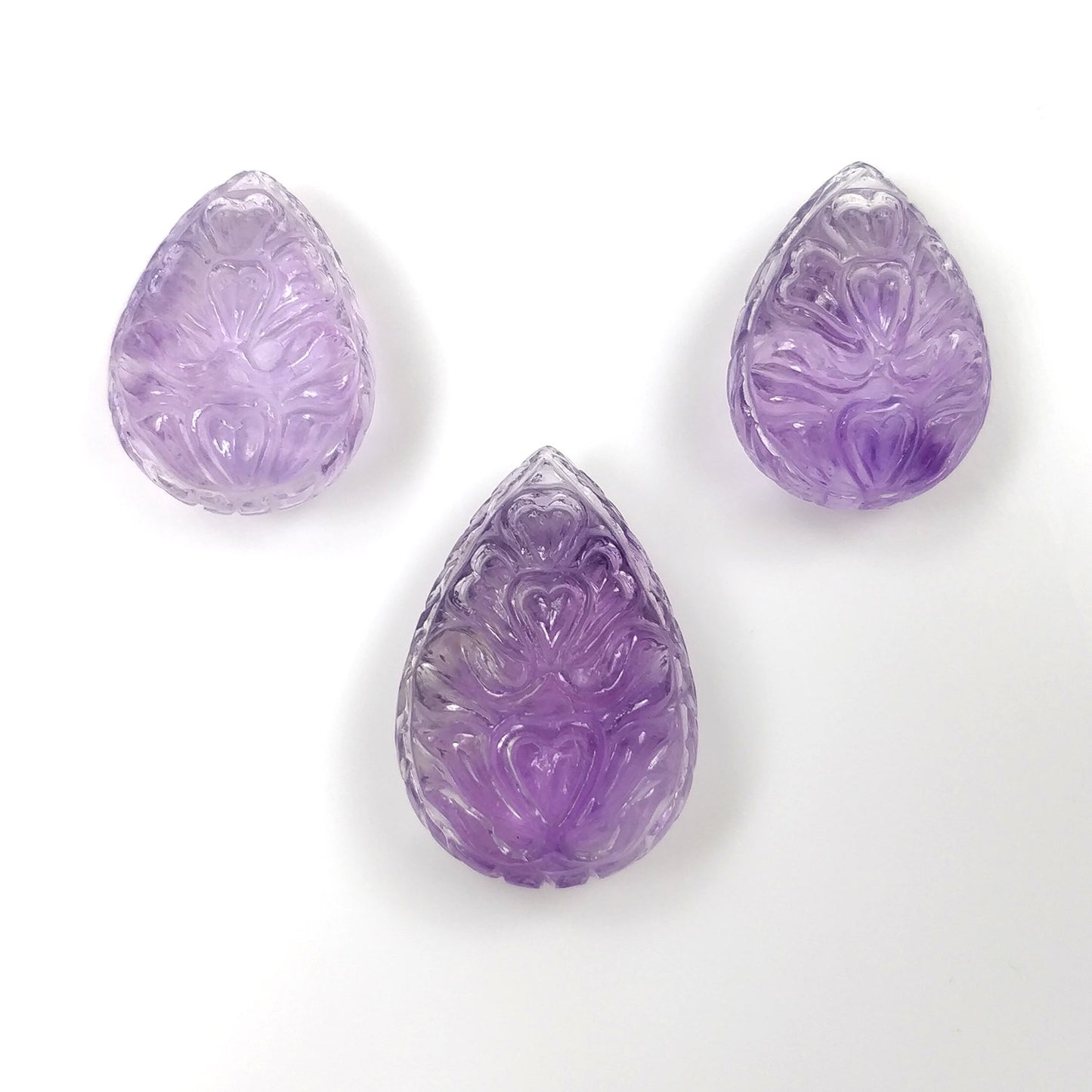 Purple AMETHYST Gemstone Carving : 51.55cts Natural Untreated Amethyst Hand Carved Pear Shape Briolette 19*14mm - 24*17mm 3pcs (With Video)